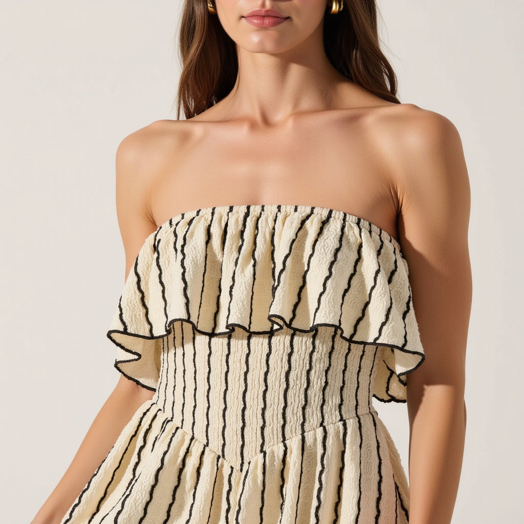 Textured Strapless Mini Dress with Ruffled Bodice and Fitted Waist