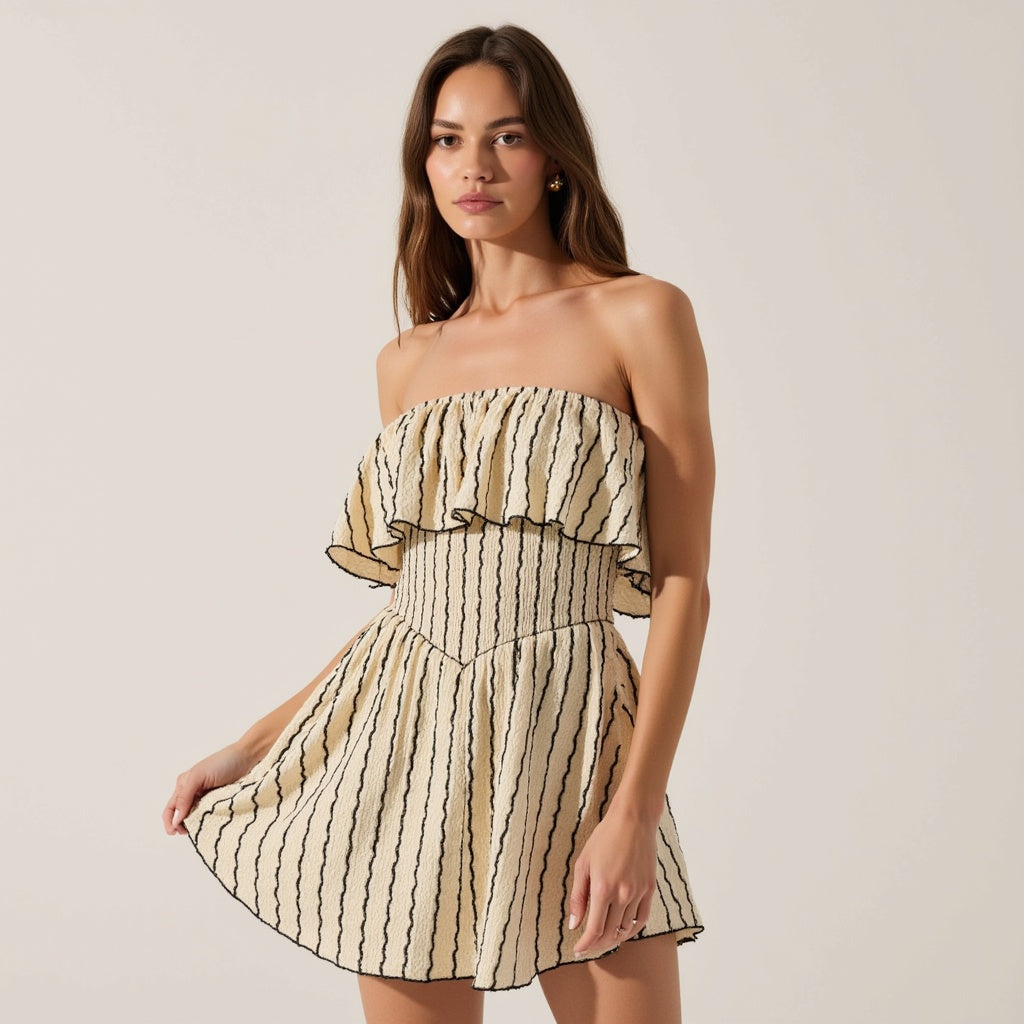 Textured Strapless Mini Dress with Ruffled Bodice and Fitted Waist