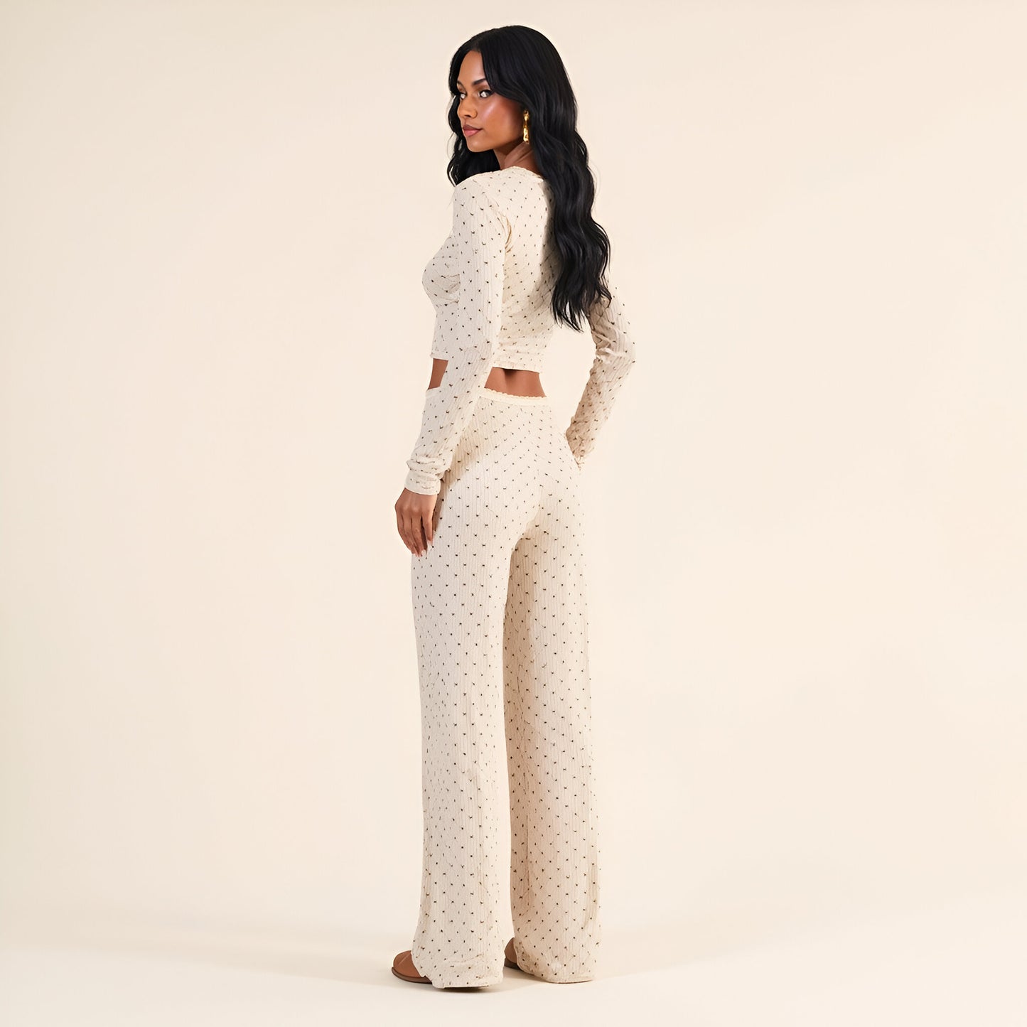 Heart Dot Lounge Set with Long Sleeve Lettuce Hem Top and Wide Leg Pants