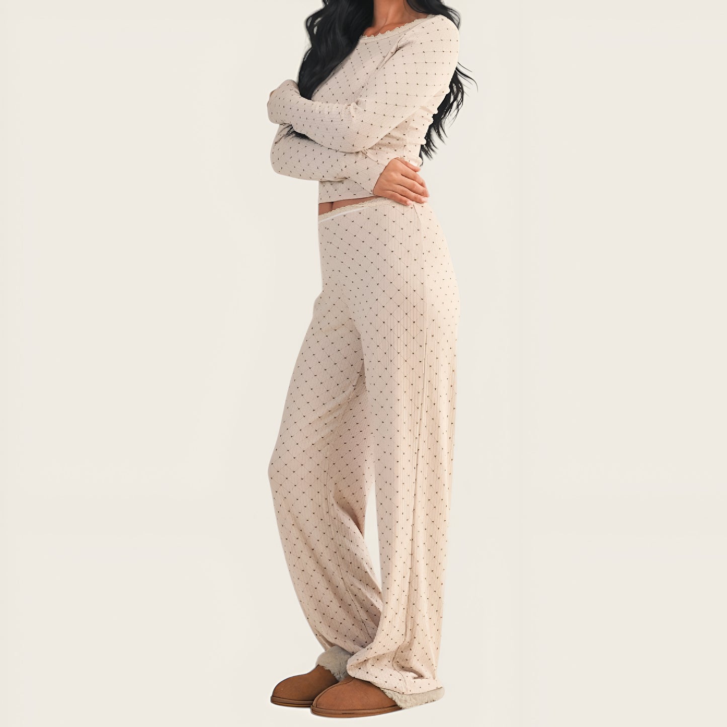 Heart Dot Lounge Set with Long Sleeve Lettuce Hem Top and Wide Leg Pants