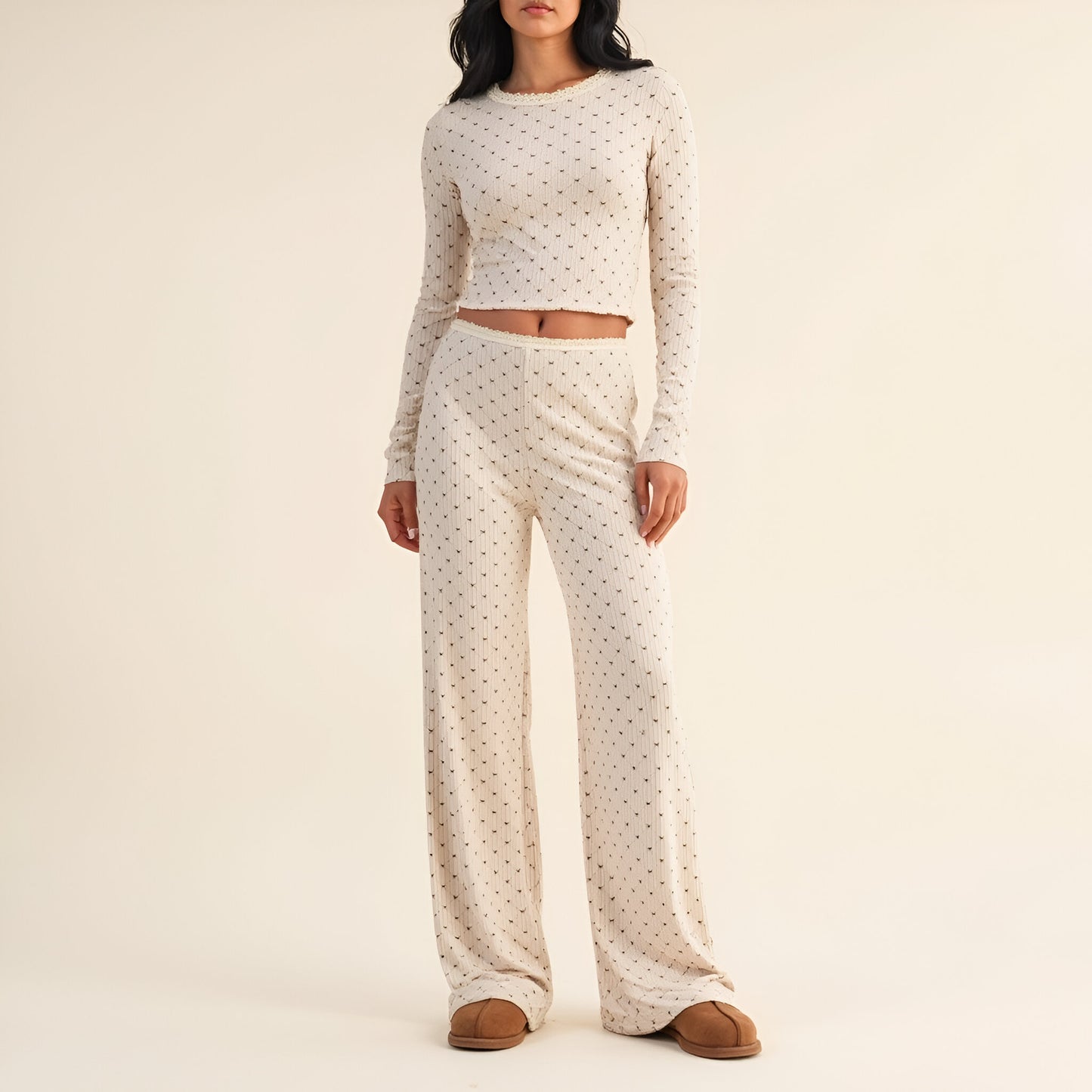 Heart Dot Lounge Set with Long Sleeve Lettuce Hem Top and Wide Leg Pants