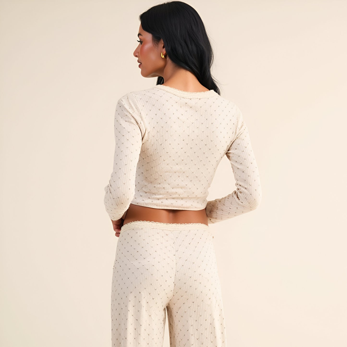 Heart Dot Lounge Set with Long Sleeve Lettuce Hem Top and Wide Leg Pants