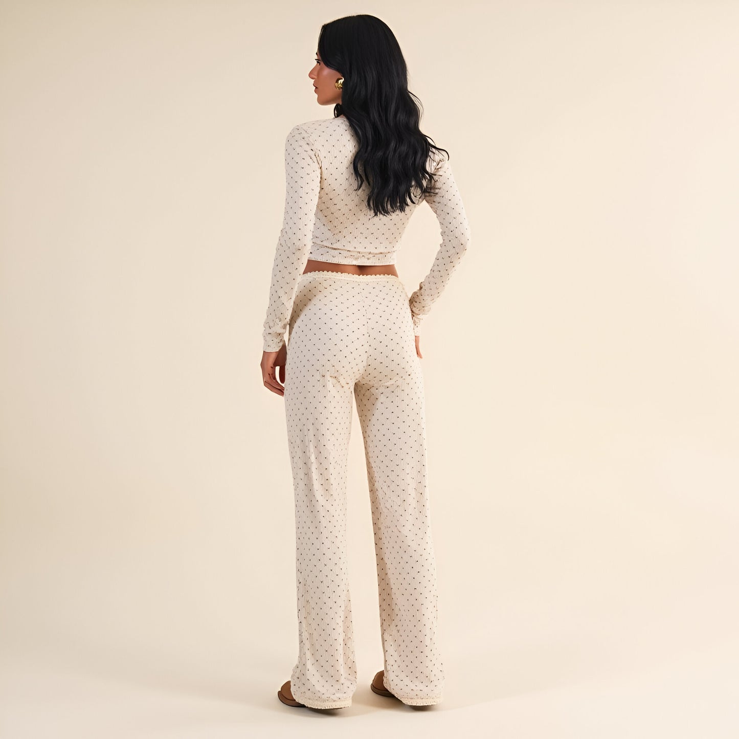Heart Dot Lounge Set with Long Sleeve Lettuce Hem Top and Wide Leg Pants
