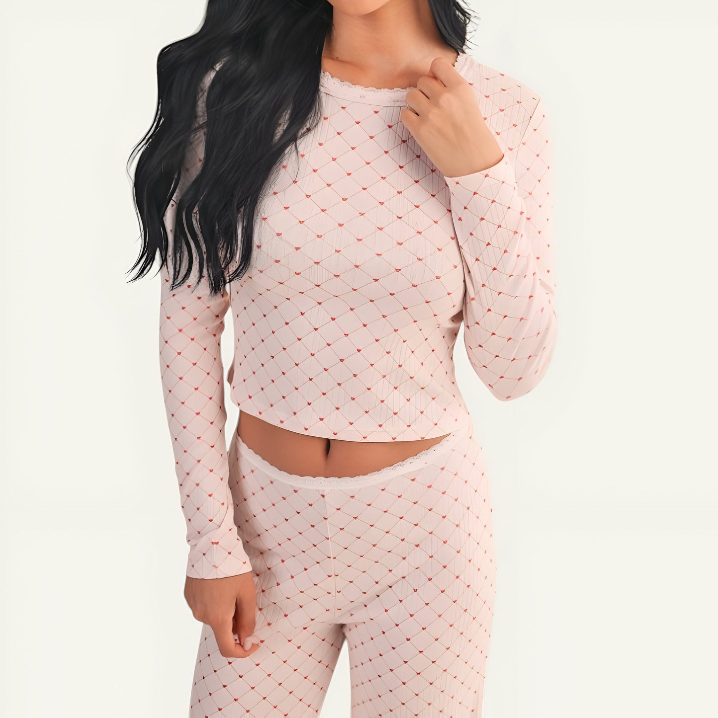 Heart Dot Lounge Set with Long Sleeve Lettuce Hem Top and Wide Leg Pants