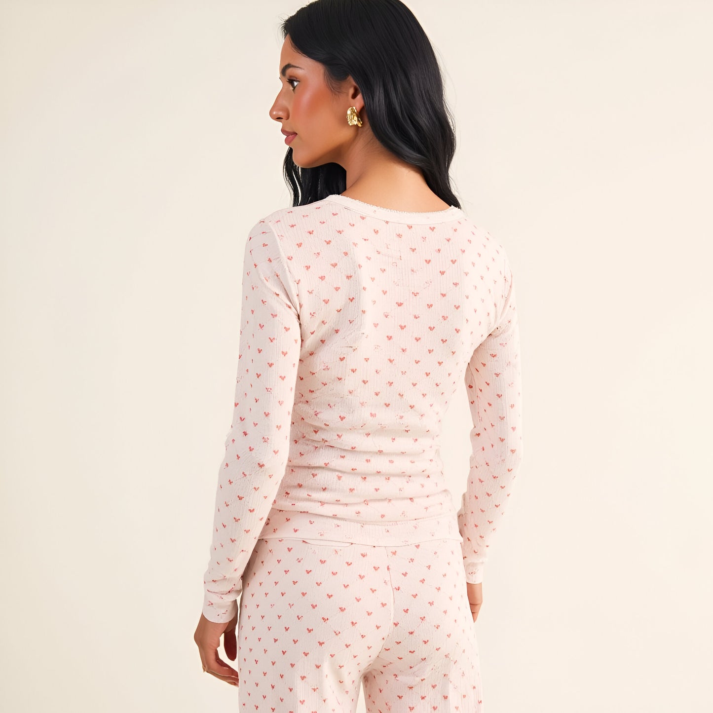 Heart Dot Lounge Set with Long Sleeve Lettuce Hem Top and Wide Leg Pants
