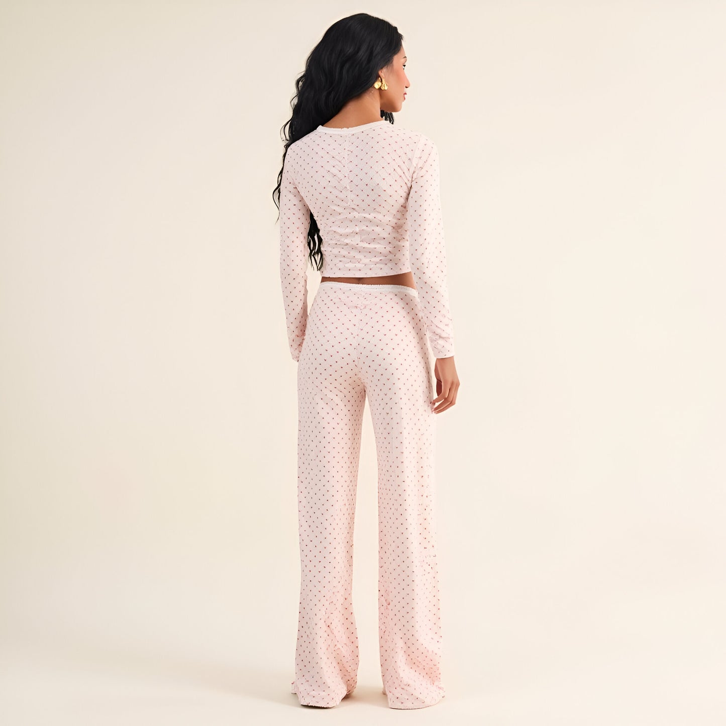 Heart Dot Lounge Set with Long Sleeve Lettuce Hem Top and Wide Leg Pants