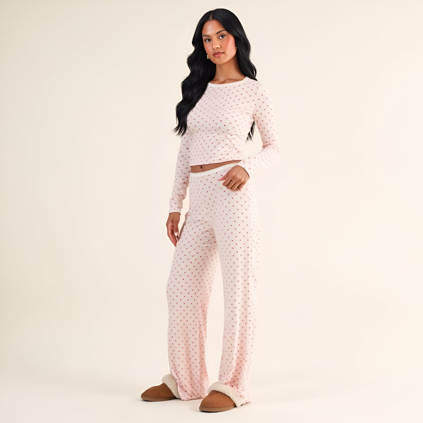 Heart Dot Lounge Set with Long Sleeve Lettuce Hem Top and Wide Leg Pants