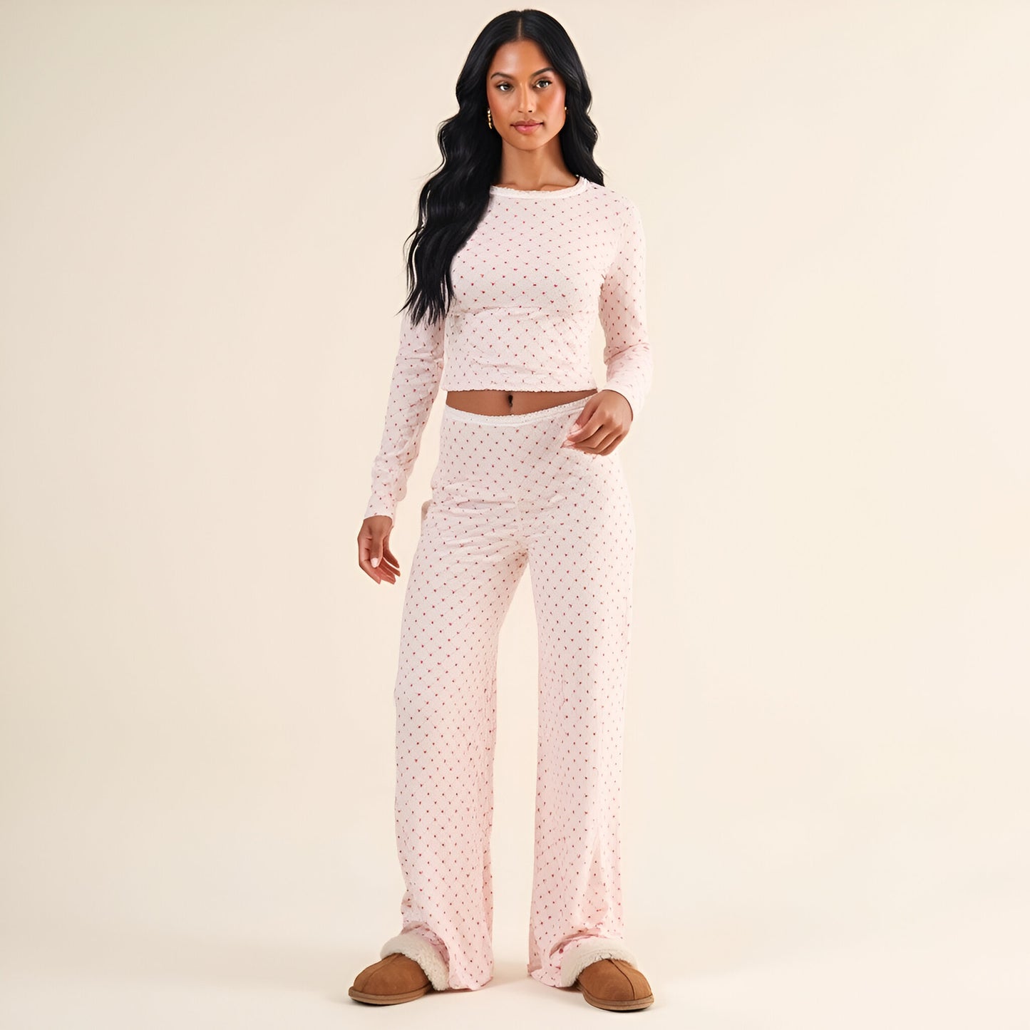 Heart Dot Lounge Set with Long Sleeve Lettuce Hem Top and Wide Leg Pants
