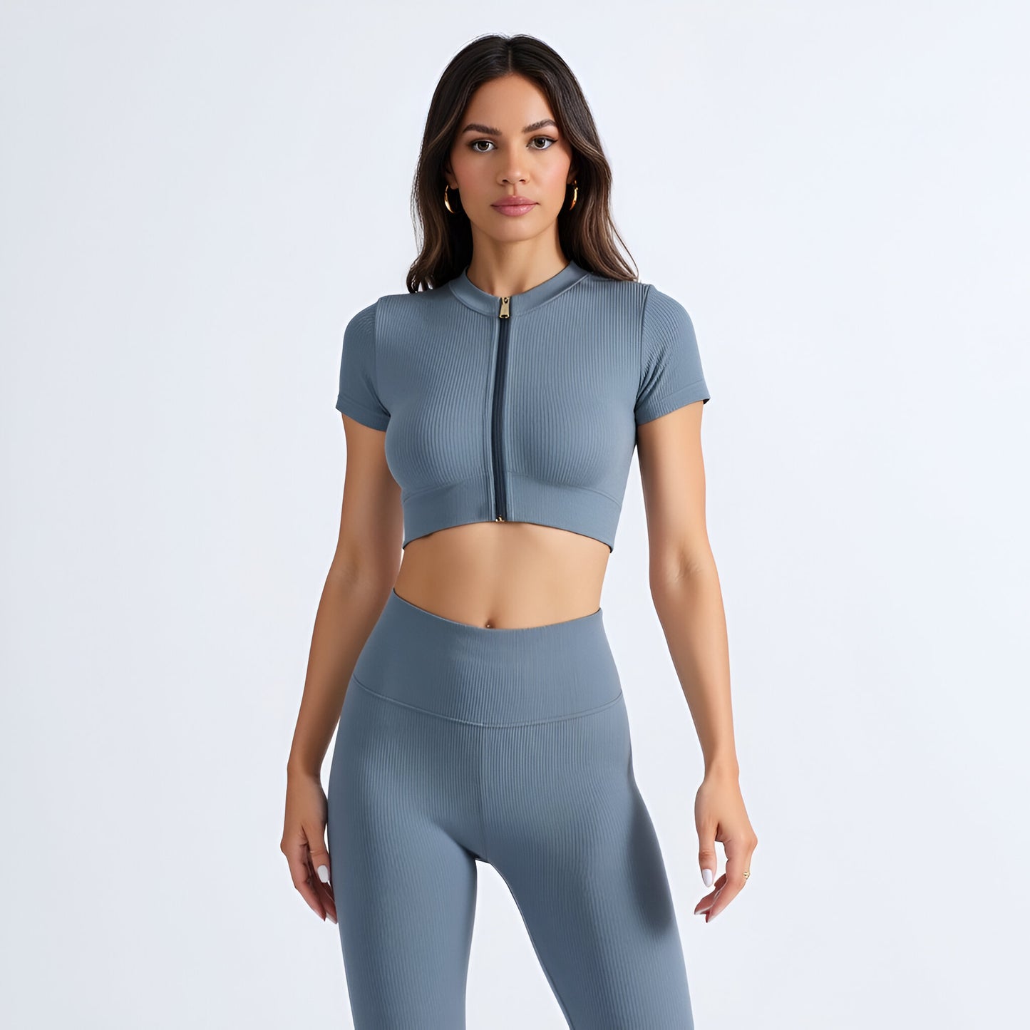 Ribbed Short Sleeve Zip-Front Crop Top & High Waist Leggings Set