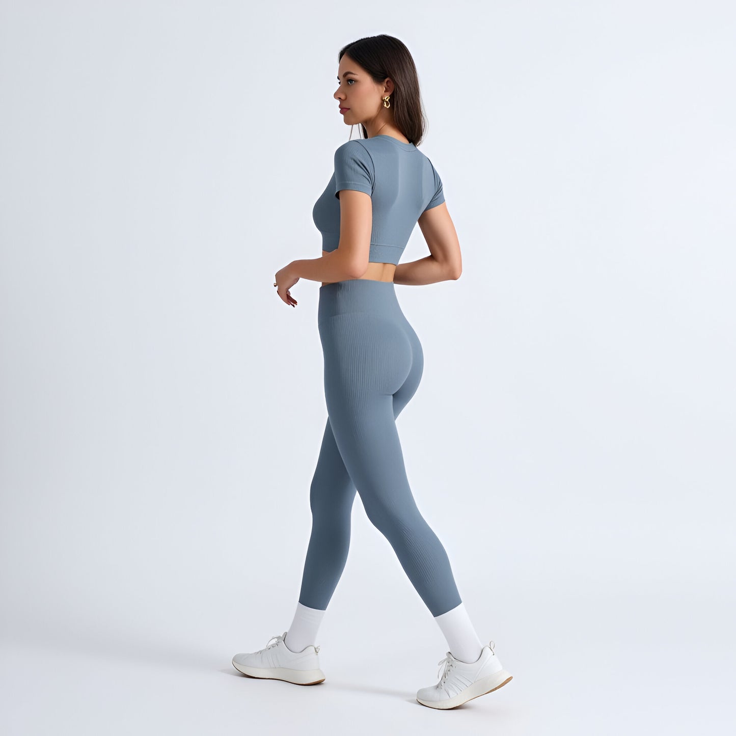 Ribbed Short Sleeve Zip-Front Crop Top & High Waist Leggings Set