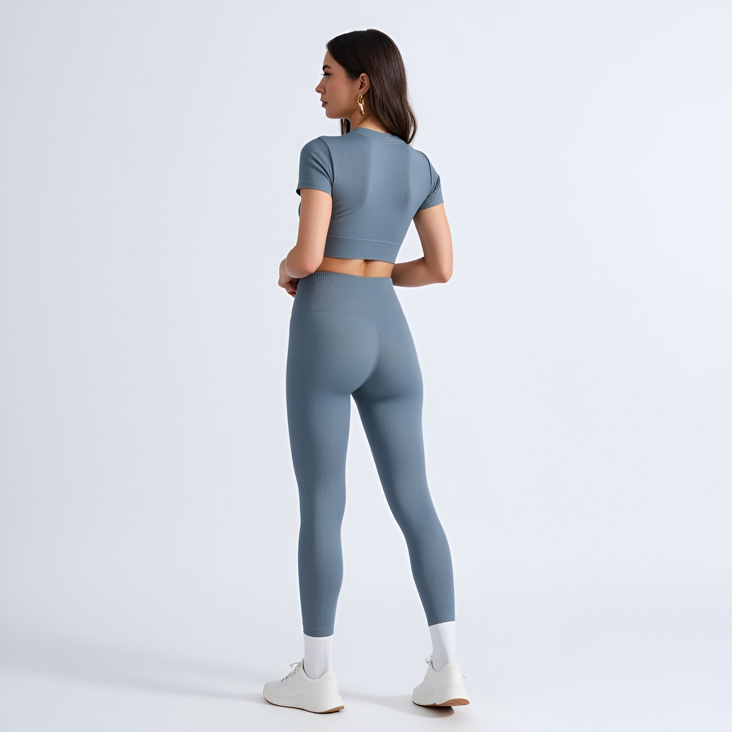 Ribbed Short Sleeve Zip-Front Crop Top & High Waist Leggings Set