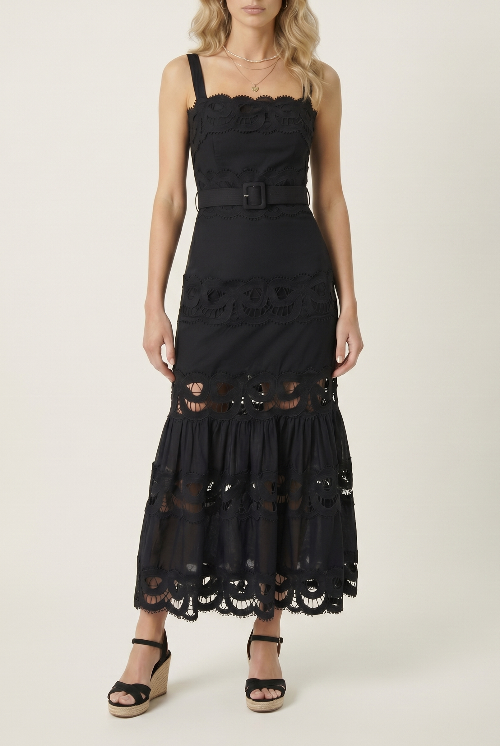 Black midi dress with lace, square neck and tiered
