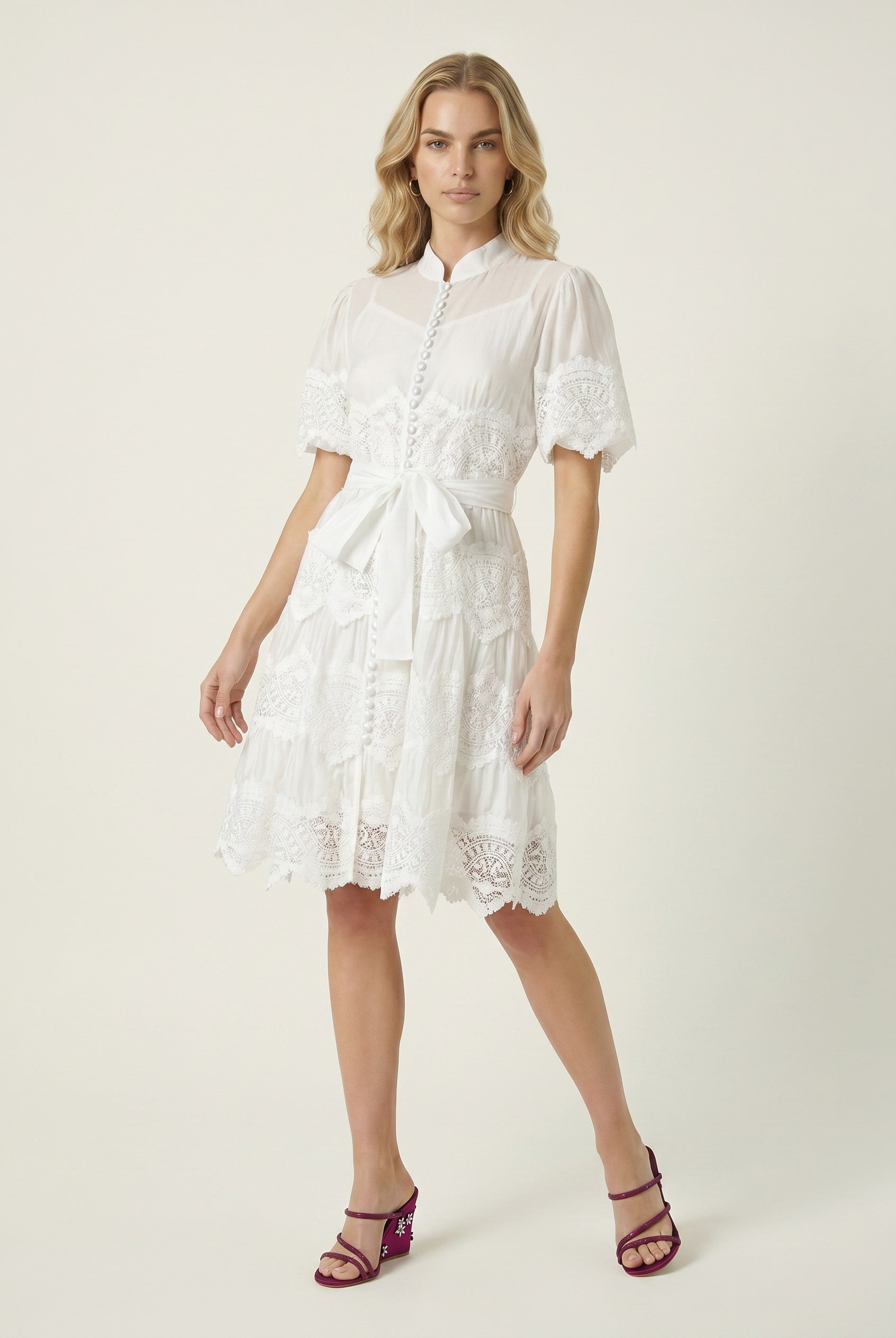 White midi dress with lace, puff sleeve and lace trim