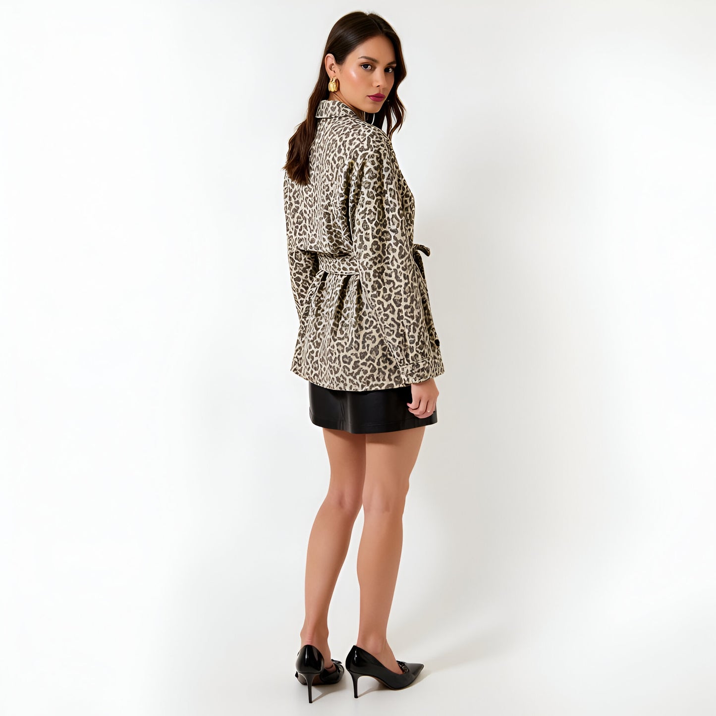 Leopard Print Belted Jacket with Double-Breasted Front and Notched Collar