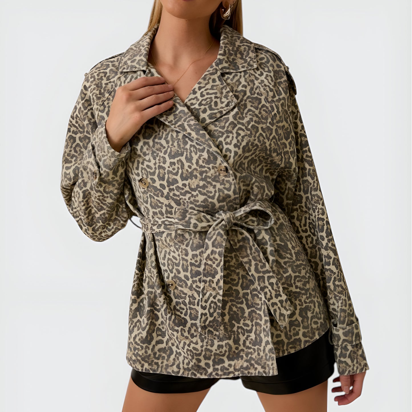 Leopard Print Belted Jacket with Double-Breasted Front and Notched Collar