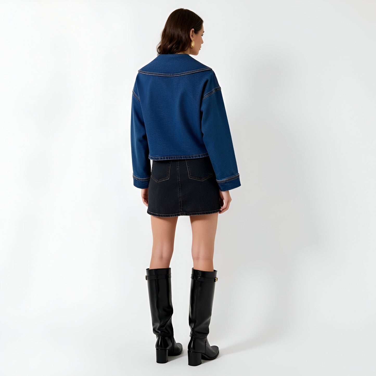 Cropped Denim Jacket with Oversized Point Collar and Front Zip Closure