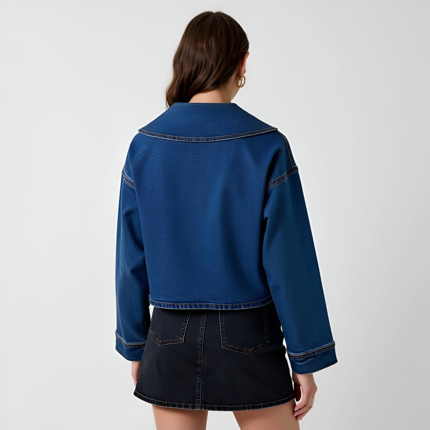 Cropped Denim Jacket with Oversized Point Collar and Front Zip Closure