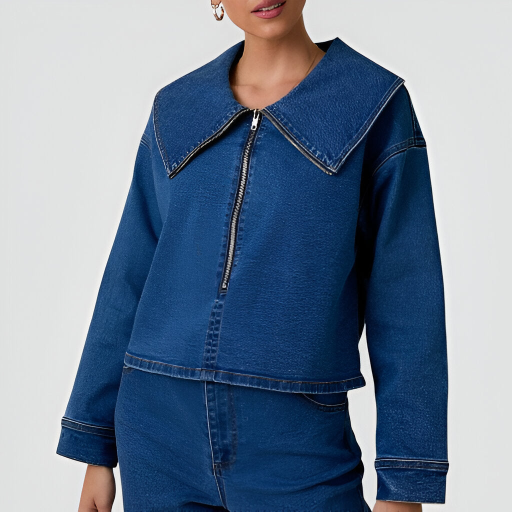 Cropped Denim Jacket with Oversized Point Collar and Front Zip Closure