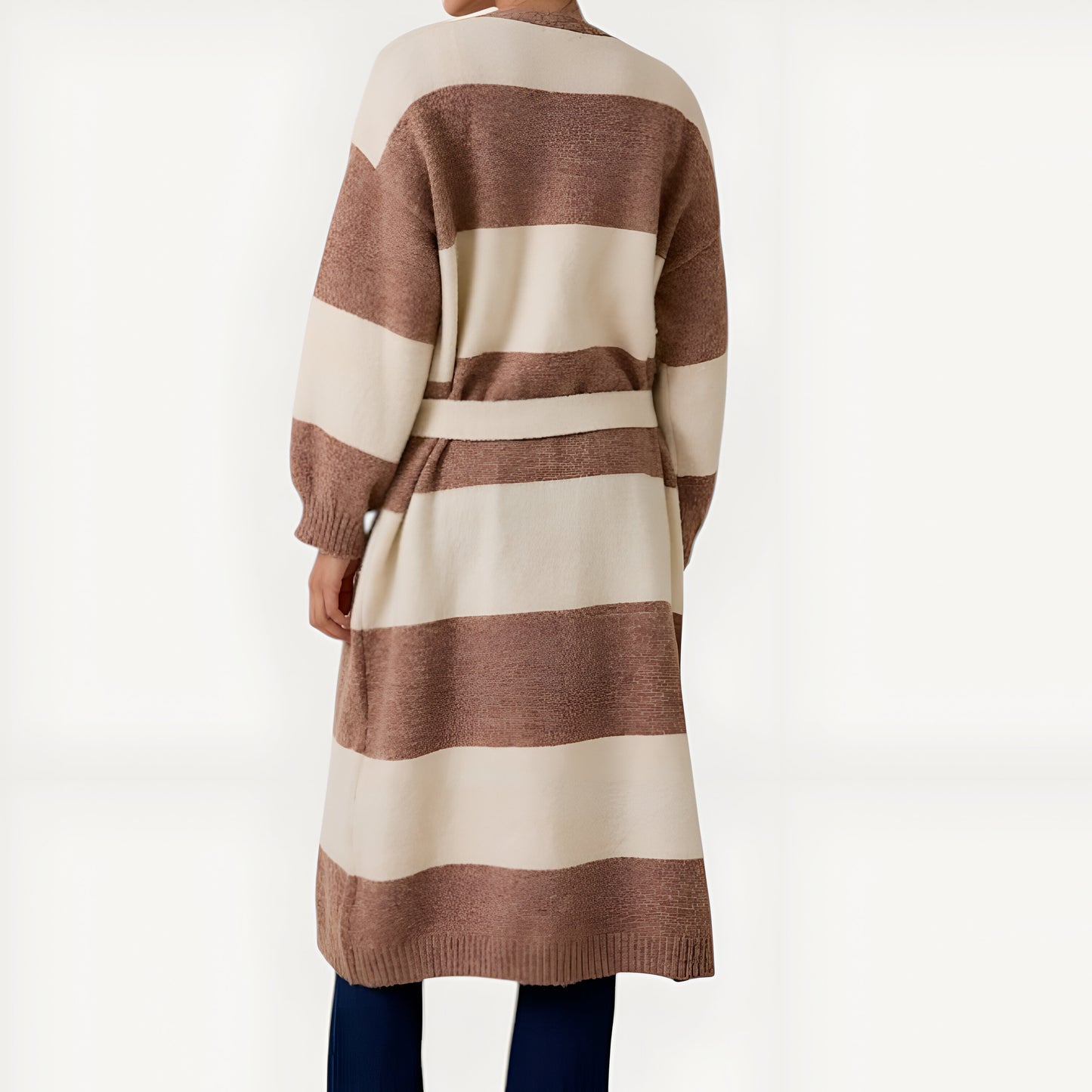 Stripe Belted Long Cardigan with Open Front and Ribbed Cuffs