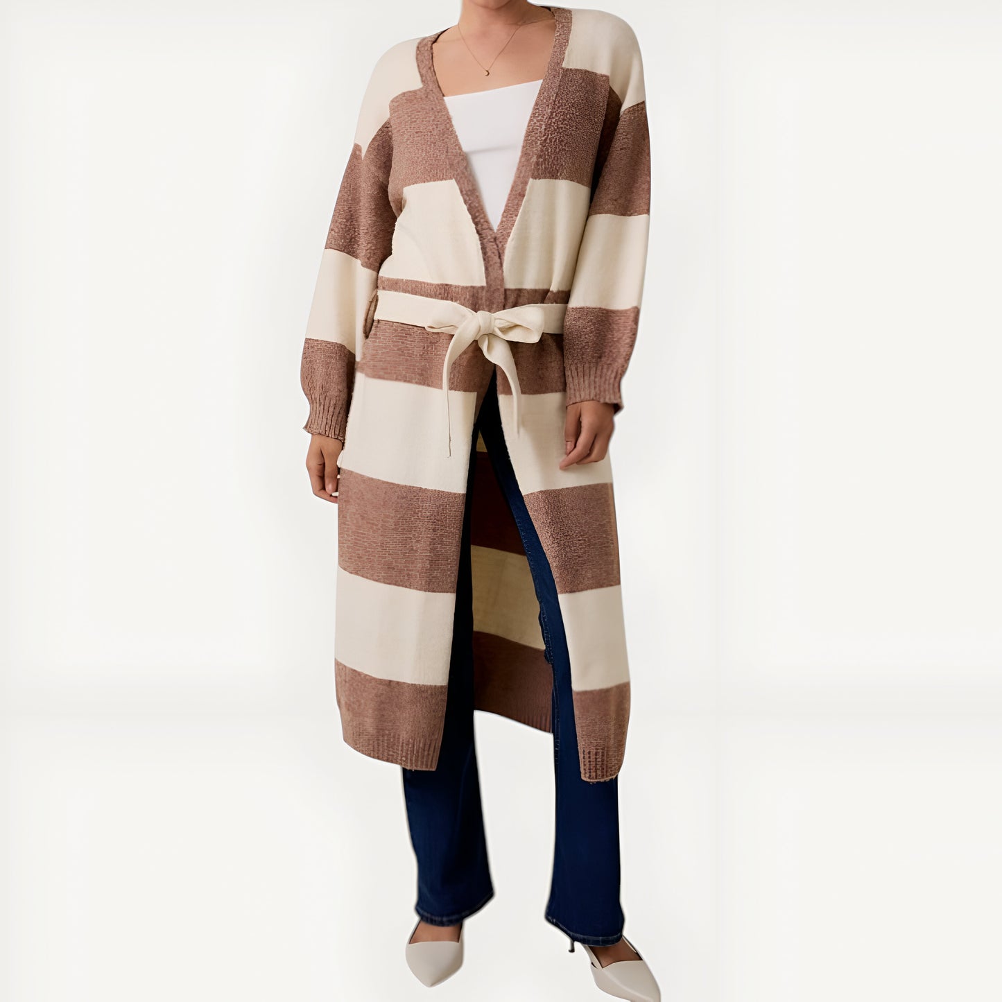 Stripe Belted Long Cardigan with Open Front and Ribbed Cuffs