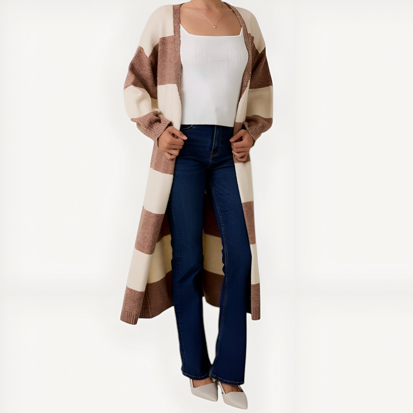 Stripe Belted Long Cardigan with Open Front and Ribbed Cuffs