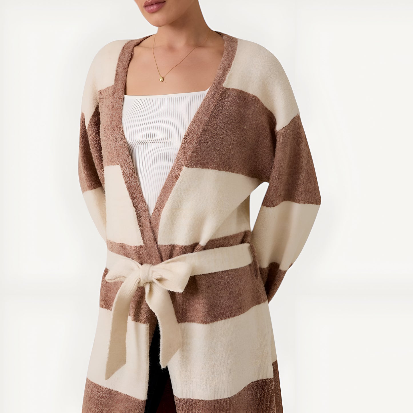 Stripe Belted Long Cardigan with Open Front and Ribbed Cuffs