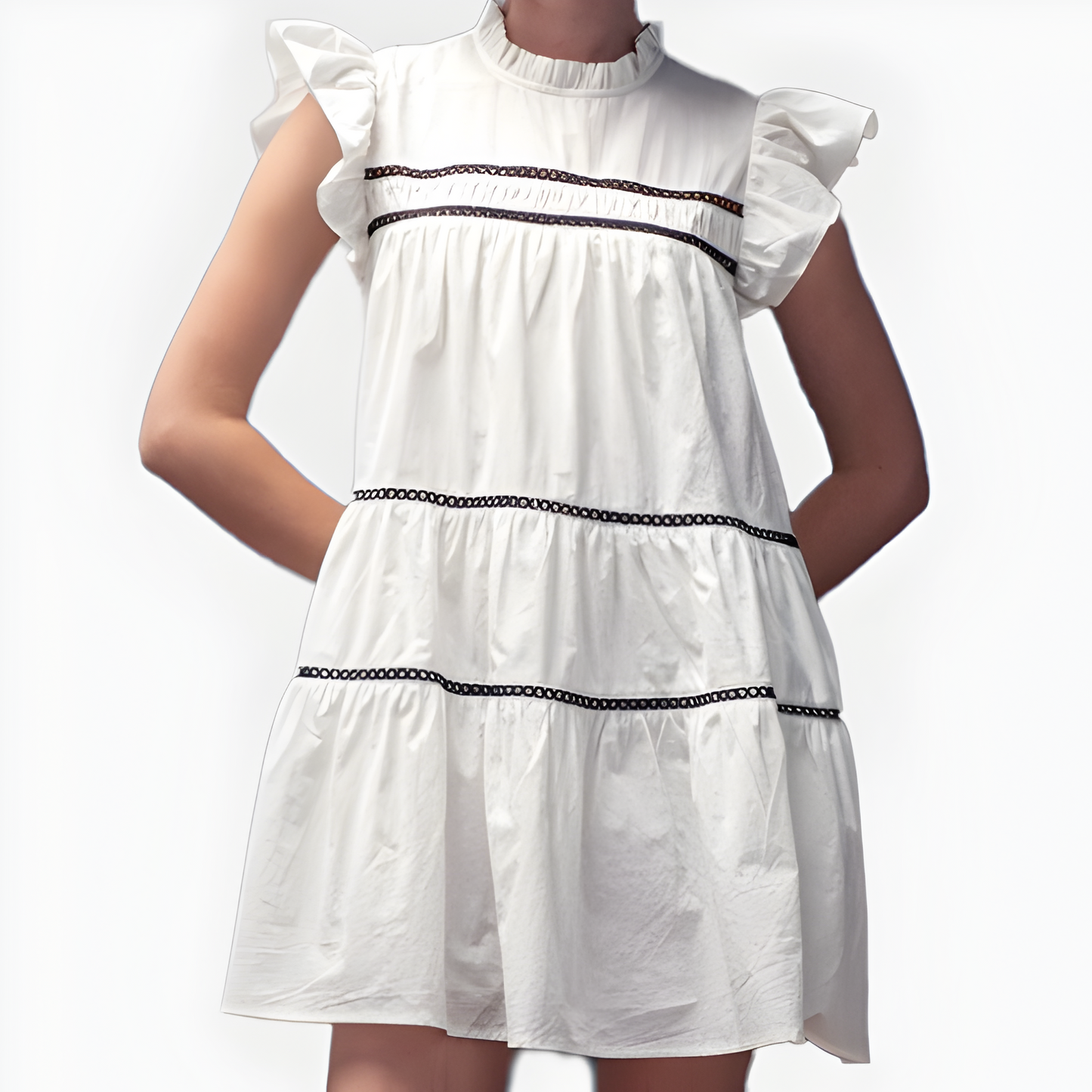 Ruffle Sleeve Tiered Mini Dress with Contrast Trim and High Neckline