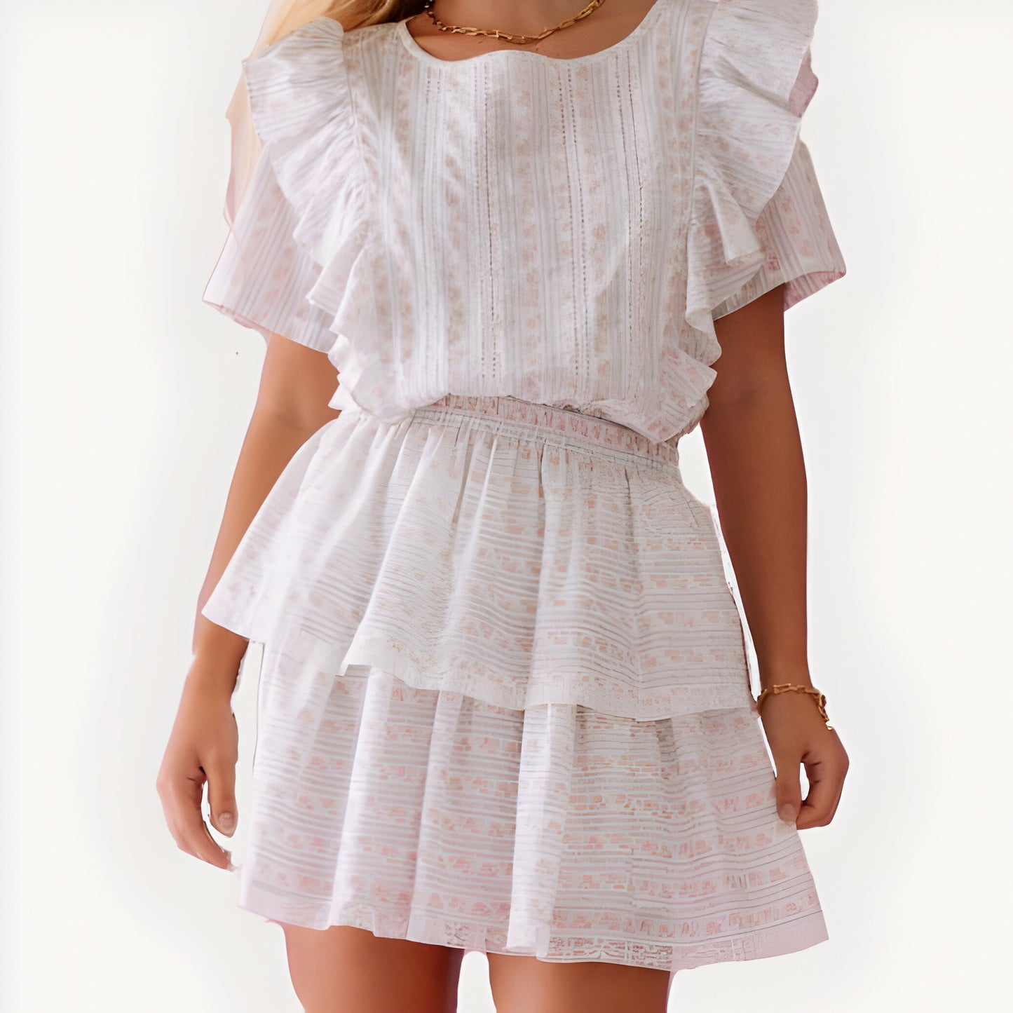 Textured Ruffle Sleeve Mini Dress with Tiered Hem and Subtle Stripe Pattern