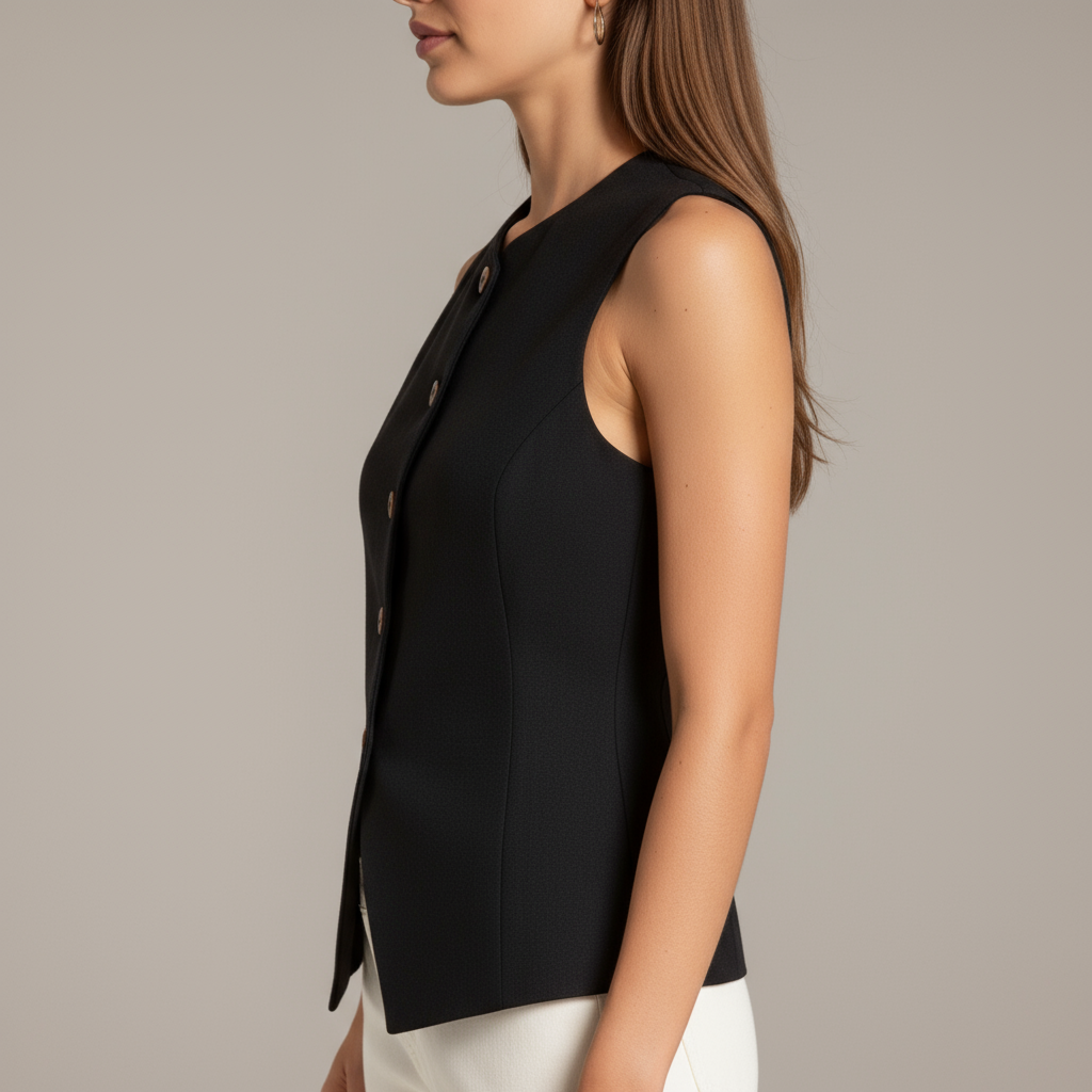 Sleeveless Button Front Vest with Asymmetrical Hem and Tailored Fit