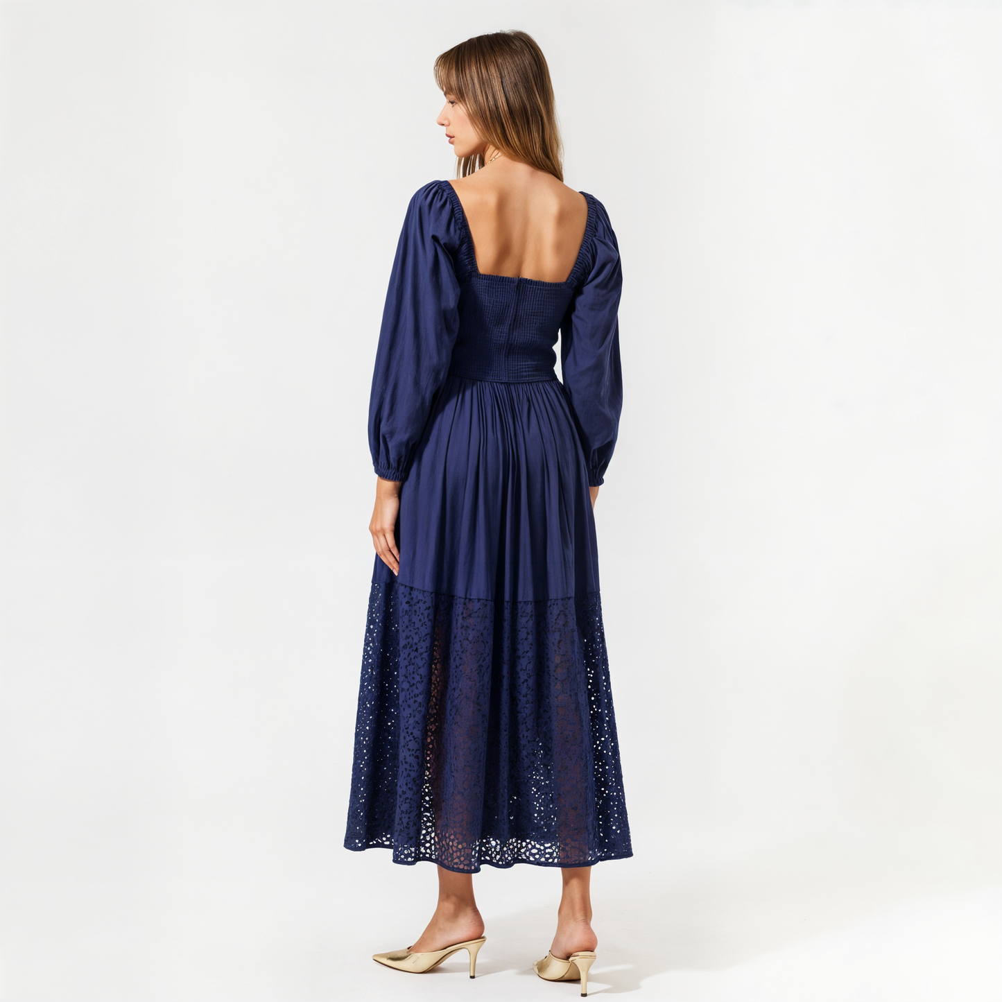 Square-Neck Smocked Midi Dress with Long Sleeves and Eyelet Hem