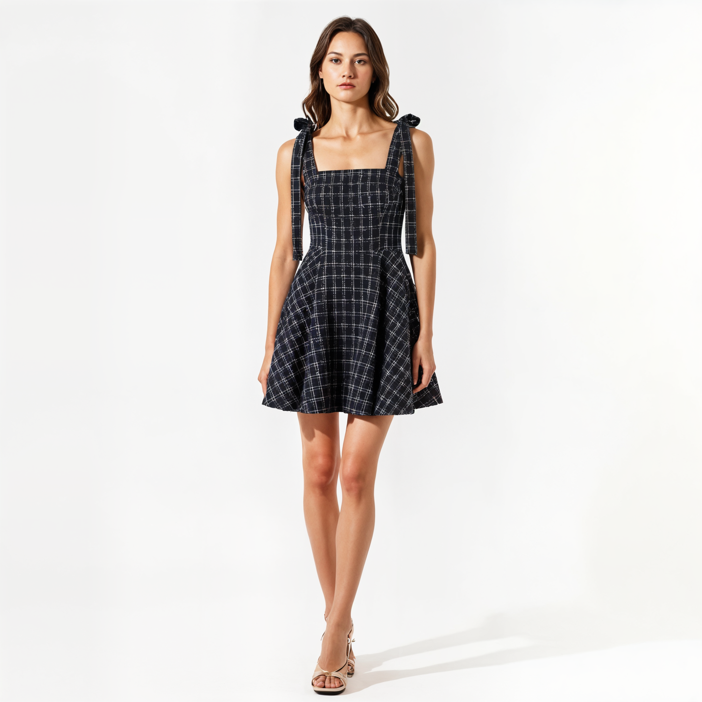 Plaid Mini Dress with Tie-Strap Shoulders and Square Neckline