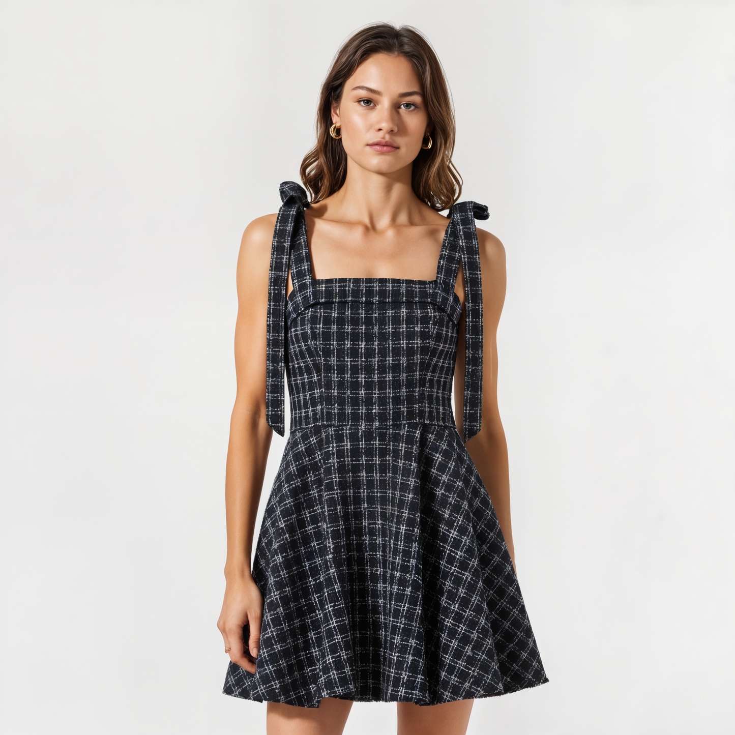 Plaid Mini Dress with Tie-Strap Shoulders and Square Neckline