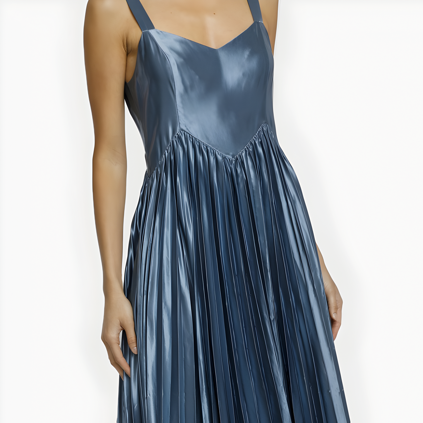 Shiny Pleated Midi Dress with Sweetheart Neckline and Wide Straps