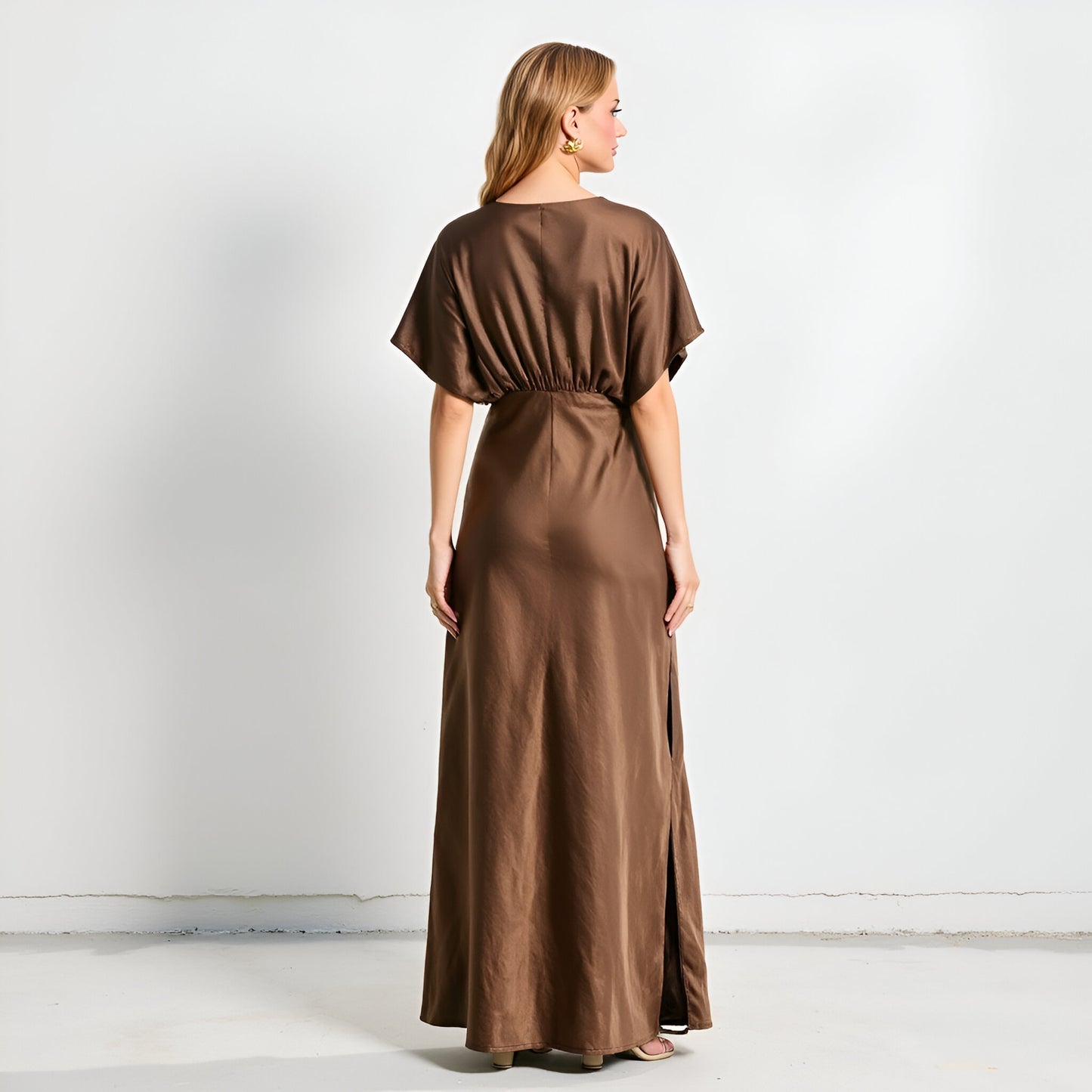 V-Neck Maxi Dress with Gathered Empire Waist and Flutter Sleeves