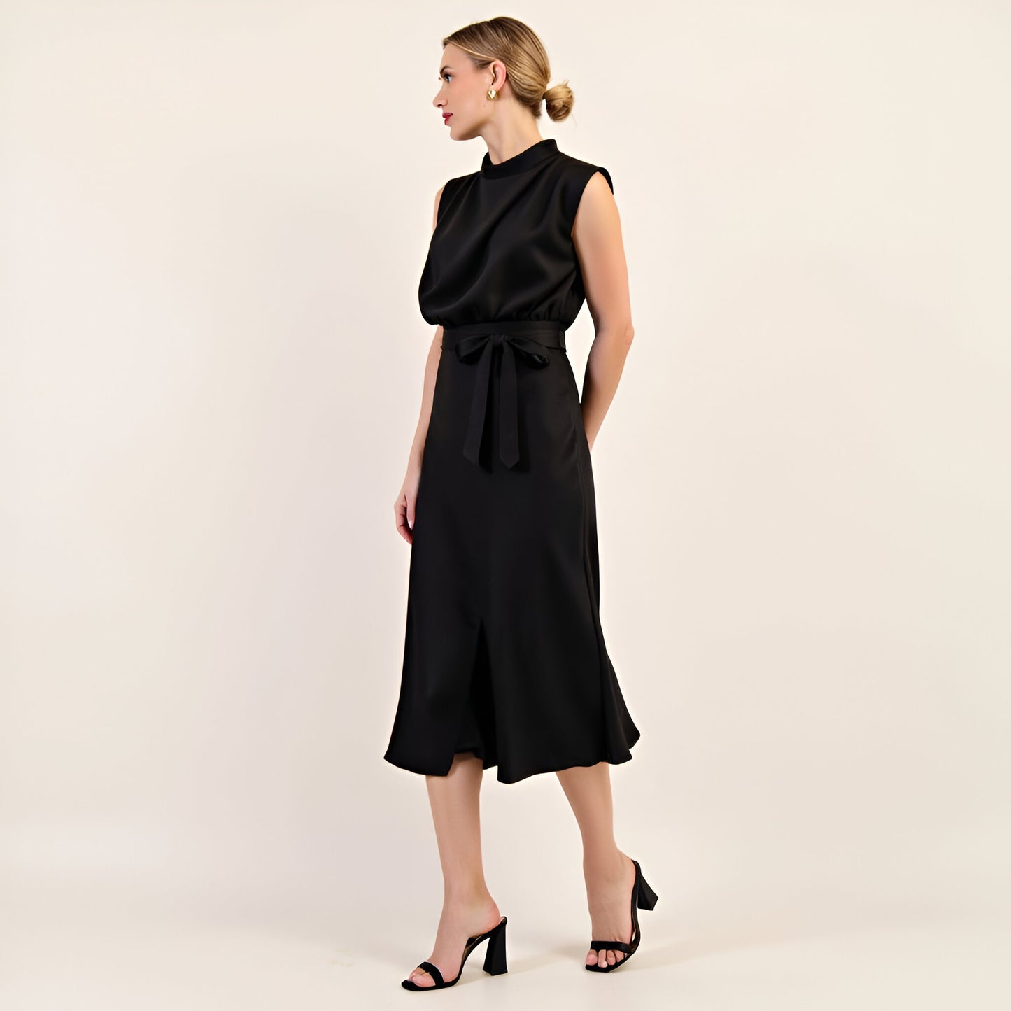 Sleeveless Mock Neck Midi Dress with Waist Tie and Flared Hem