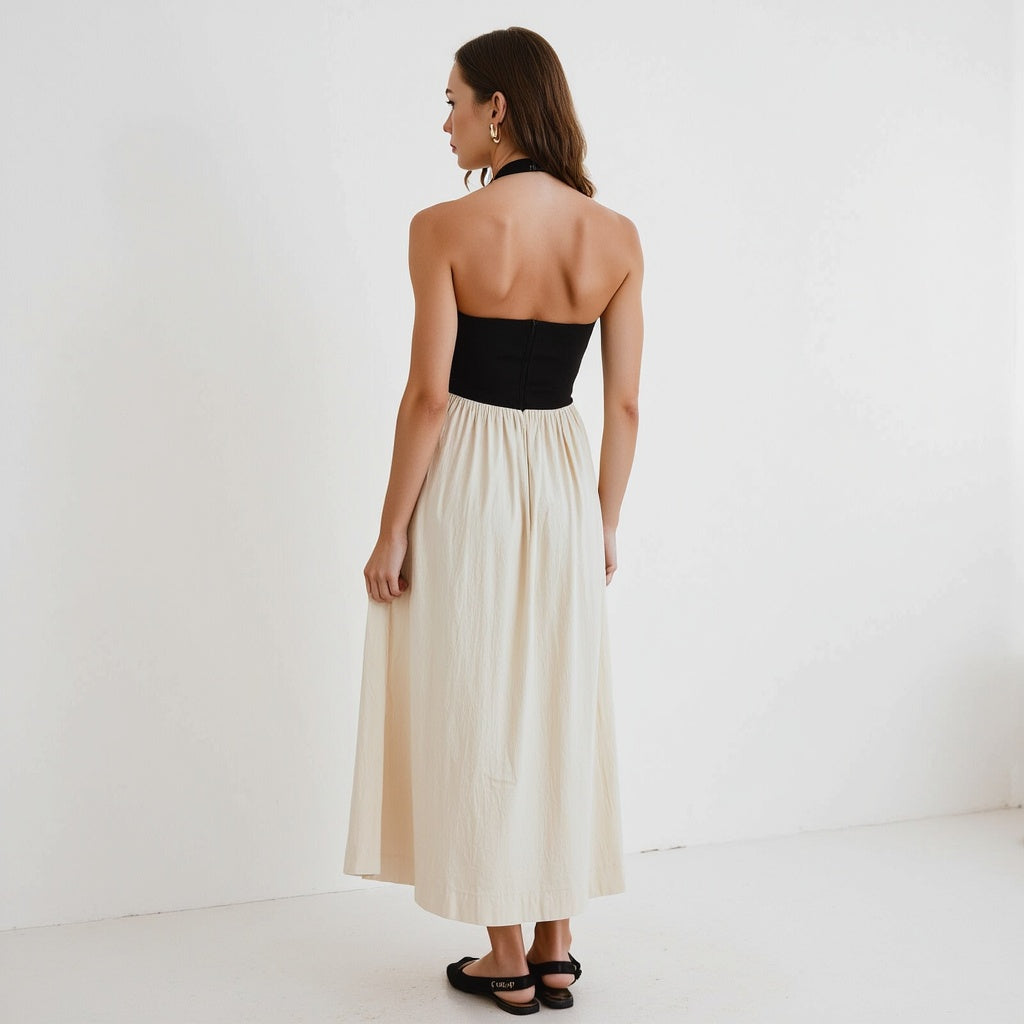 Two-Tone Halter Maxi Dress with Fitted Bodice and Gathered Skirt
