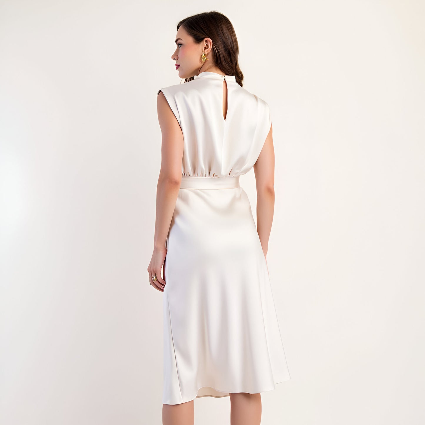 Sleeveless Satin Midi Dress with Cowl Neck and Waist Tie Detail