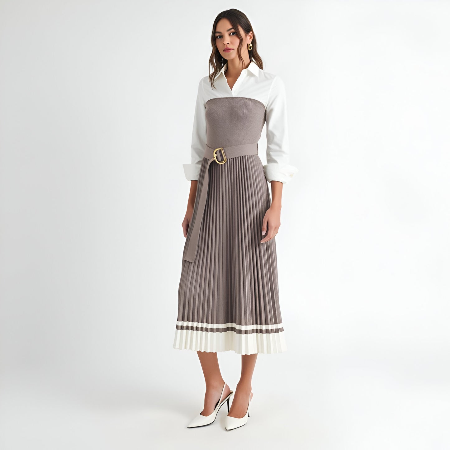Pleated Midi Dress with Belted Waist, Shirt Collar and Contrast Hem