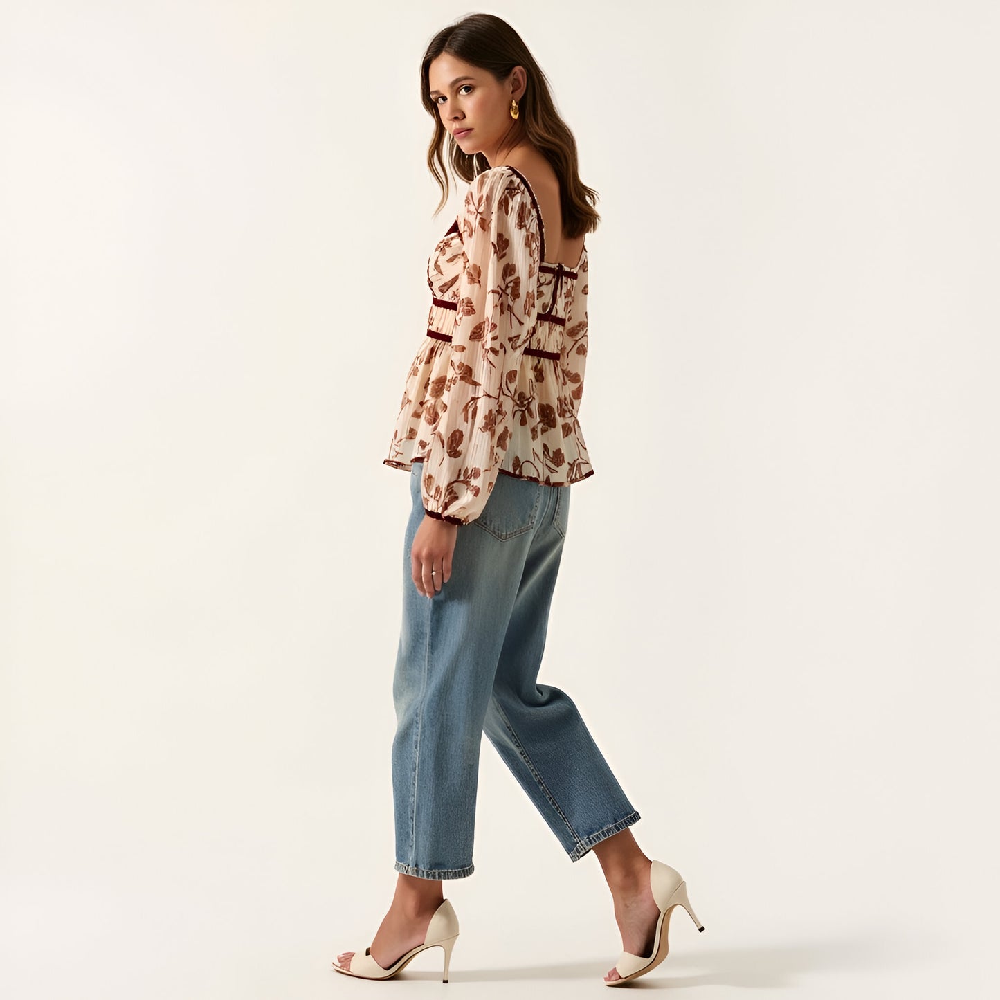 Long Sleeve Floral Print Peplum Top with Velvet Trim Detail