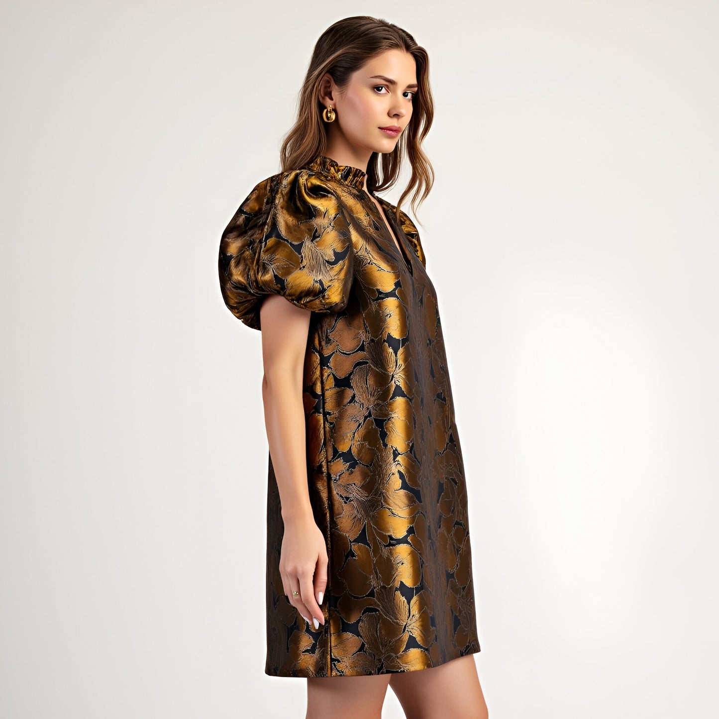 Metallic Floral Puff Sleeve Dress with Ruffled Collar and A-Line Silhouette