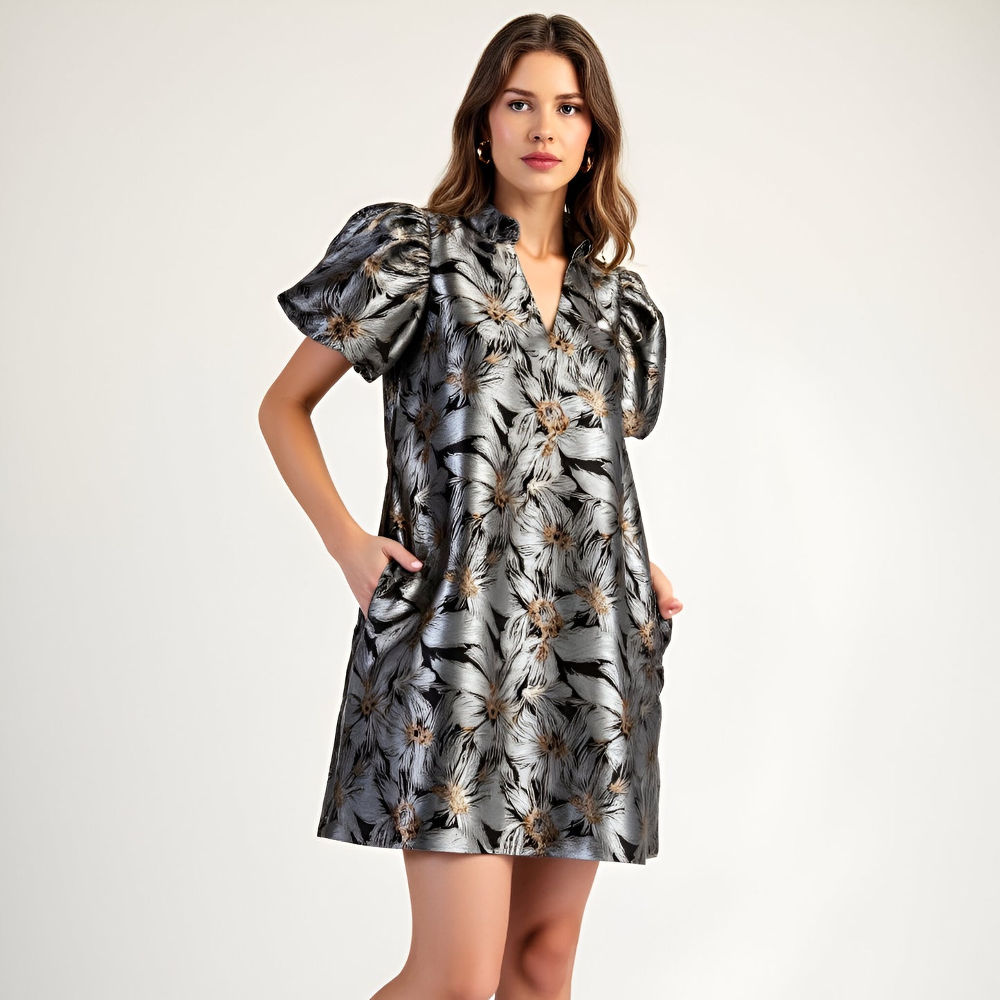 Shimmer Jacquard Mini Dress with Puff Sleeves and Split V-Neckline