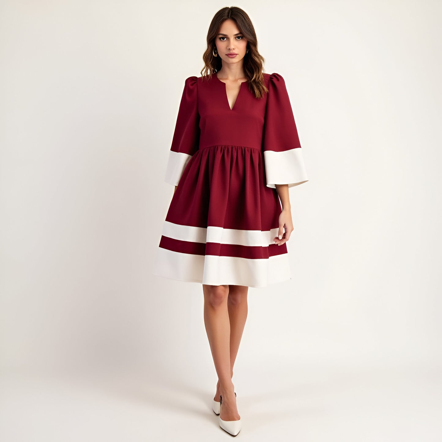 Fit and Flare Mini Dress with Contrast Cuff, Hemline and Notch Neck