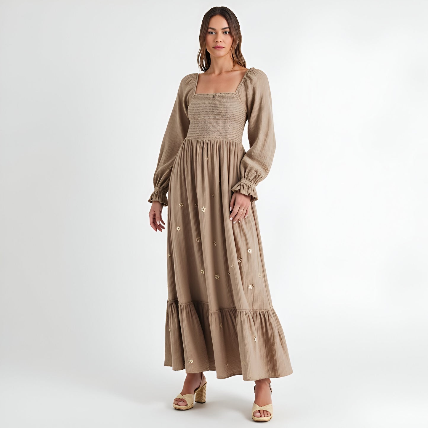 Floral-Embroidered Smocked Maxi Dress with Tiered Skirt and Open Back