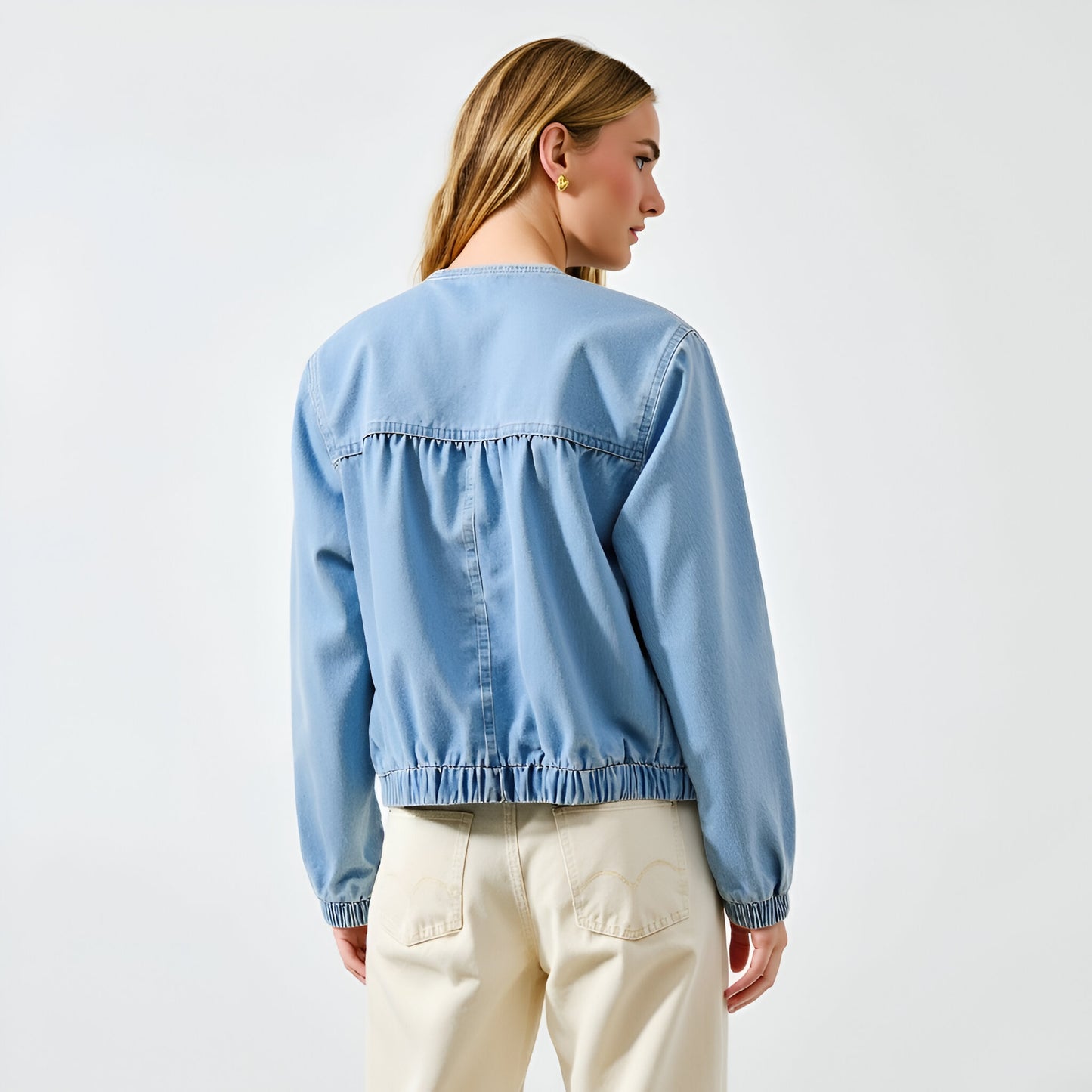 Denim Long Sleeve Jacket with Tiered Front Panels and Elastic Hem