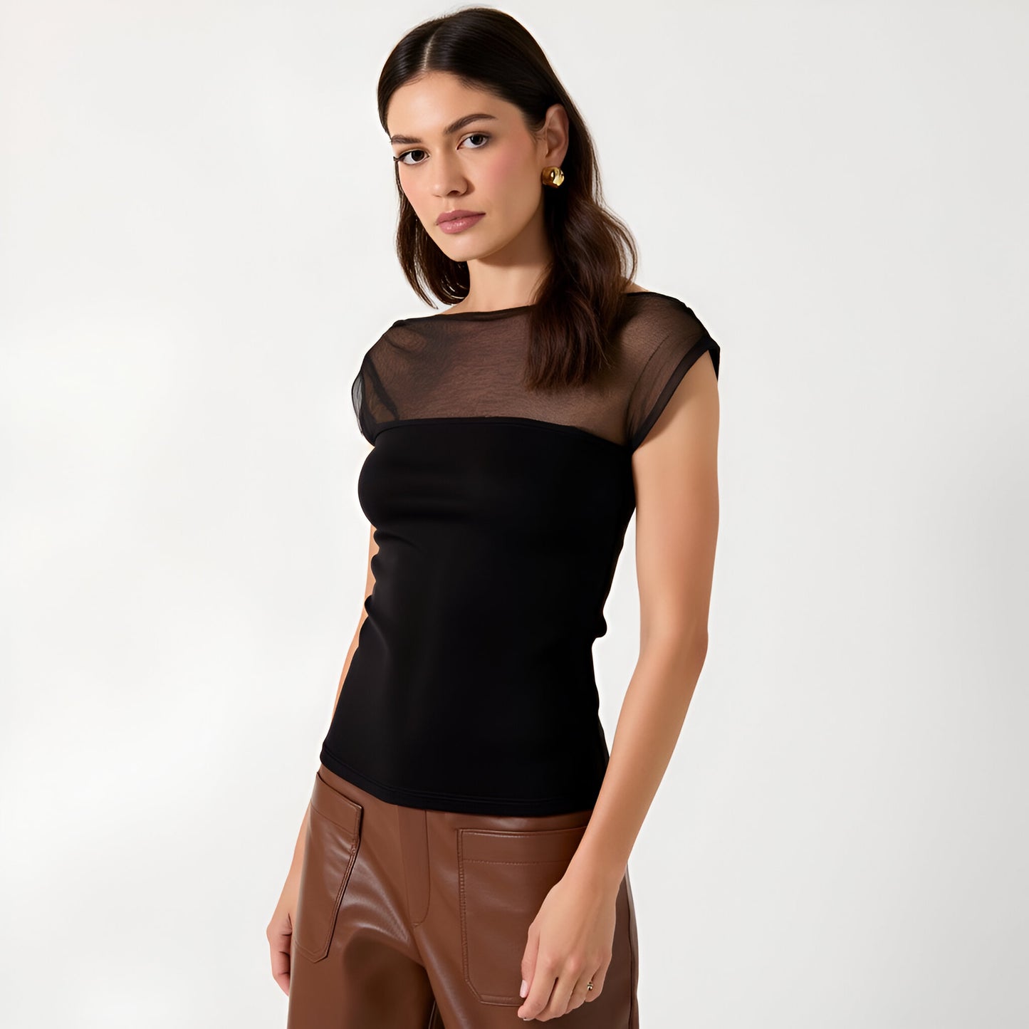 Sheer Mesh Shoulder Boatneck Top with Fitted Bodice and Cap Sleeve Detail