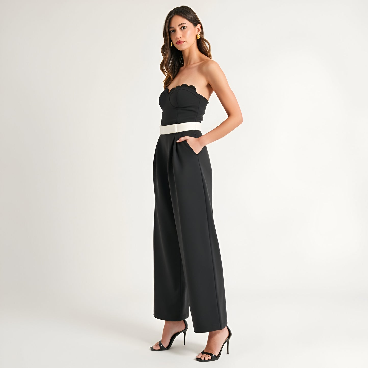 Strapless Jumpsuit with Scalloped Bodice, White Waist Belt and Wide-Leg Pants