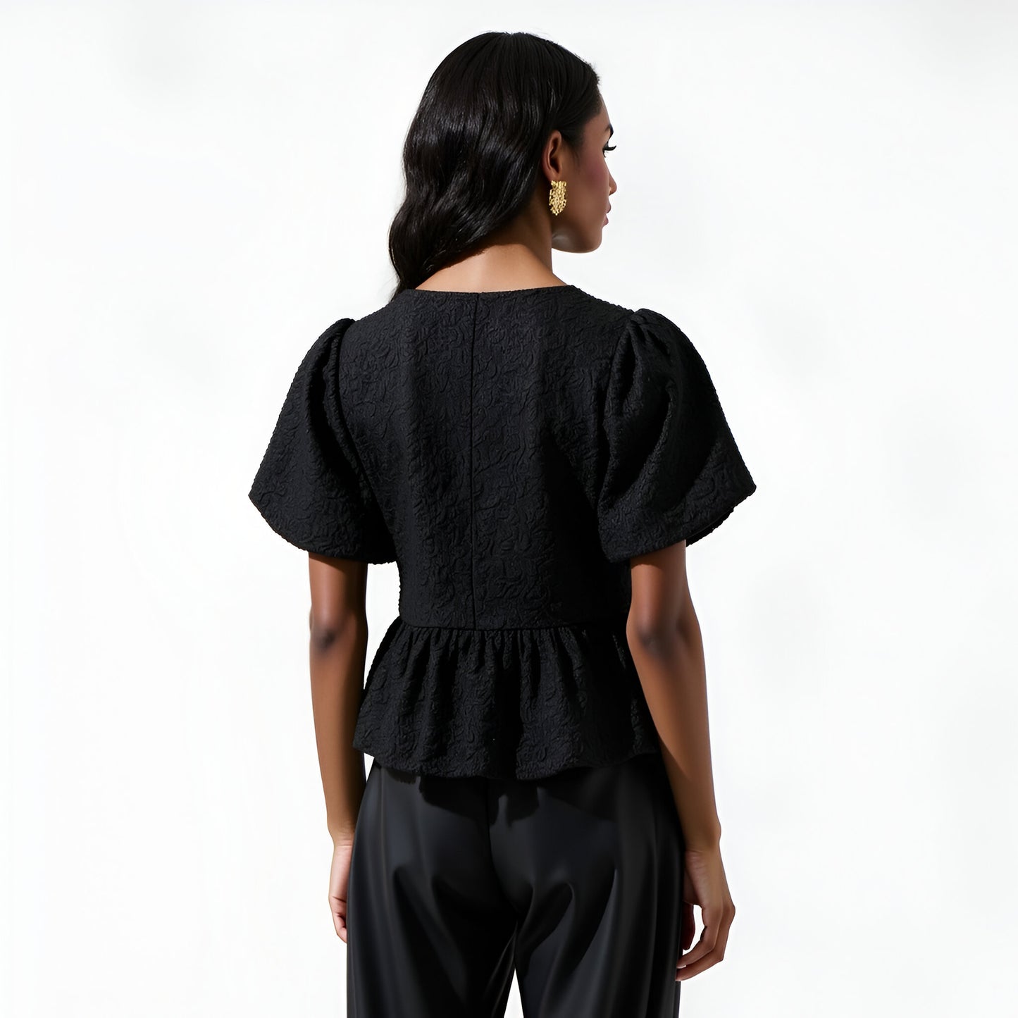 Jacquard Puff Sleeve Peplum Top with Crystal Bow Embellishments