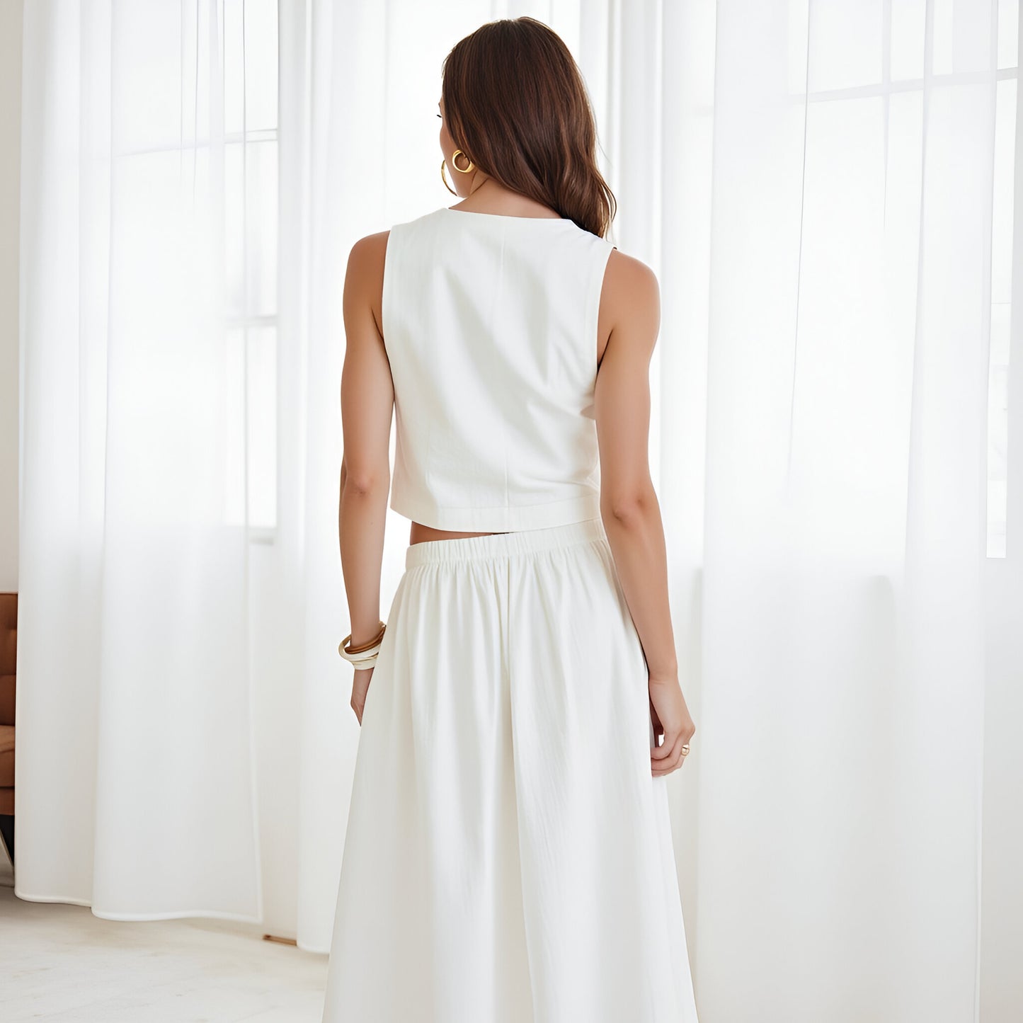 Cropped Double-Breasted Vest Top and Elastic Waist Maxi Skirt Set