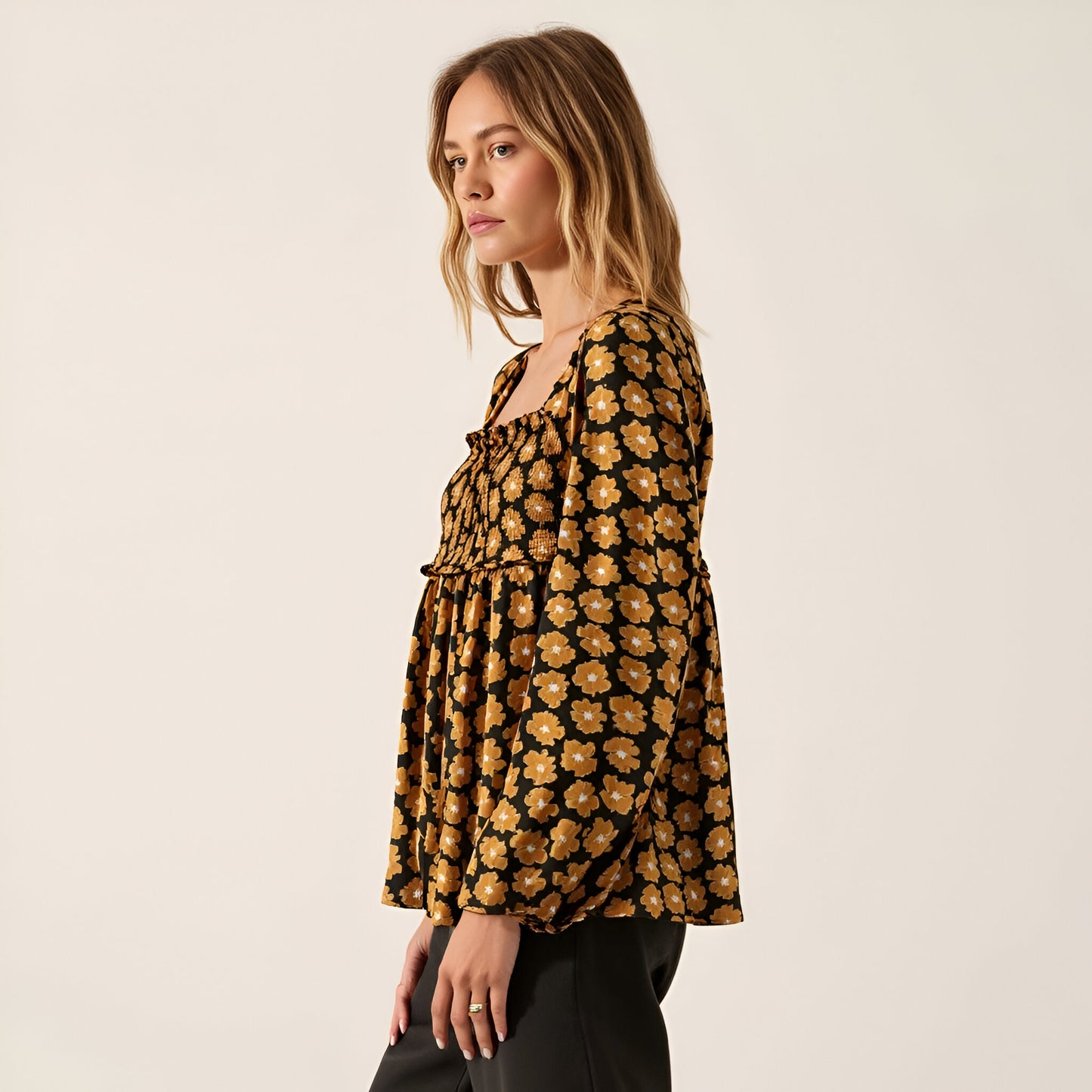 Floral Print Smocked Bodice Long Sleeve Top with Square Neckline