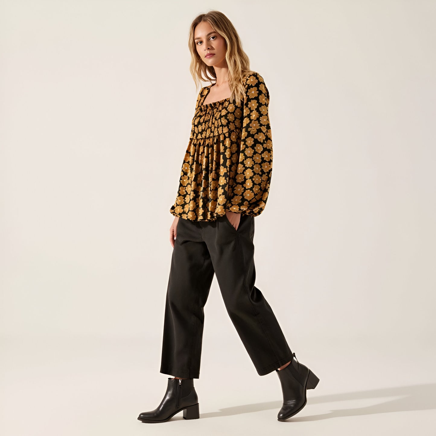 Floral Print Smocked Bodice Long Sleeve Top with Square Neckline